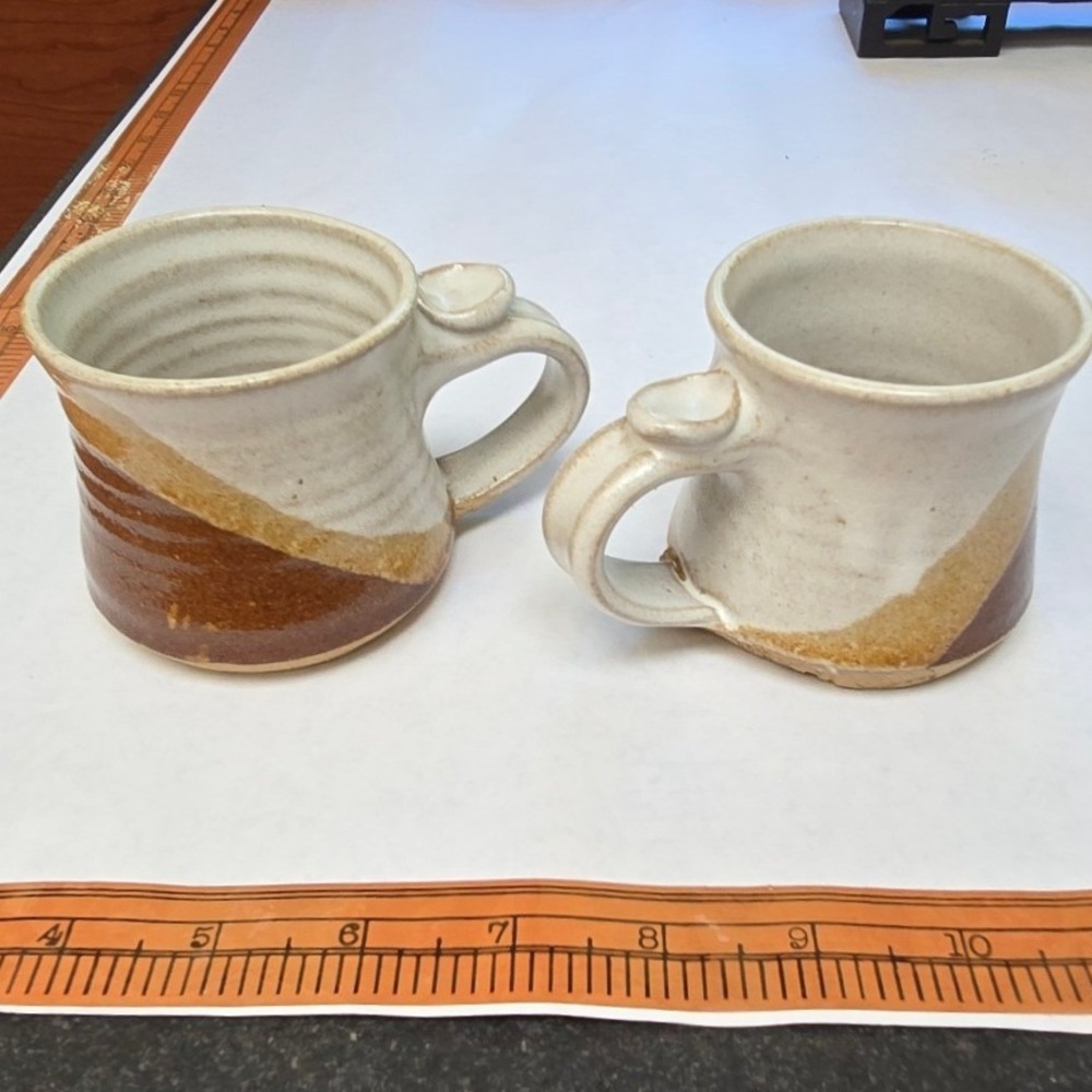 Handmade Studio Pottery Stoneware Mugs Set of 2 Brown Cream Thumb Rest 3.5in